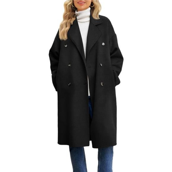 Double Breasted Pea Coat Notched Lapel Collar Overcoats Long Jackets For Women - Picture 1 of 4